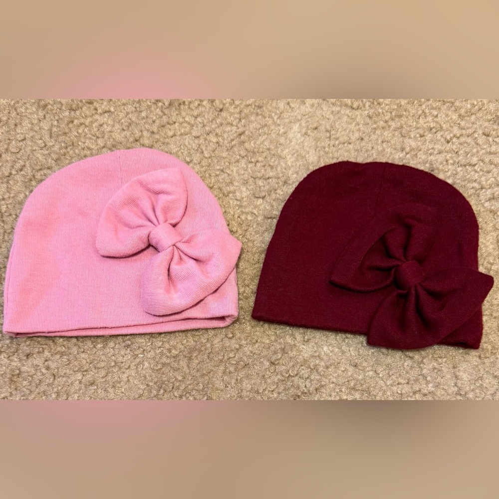 2pc Newborn Bow Beanie Hat Set - Burgandy and Red